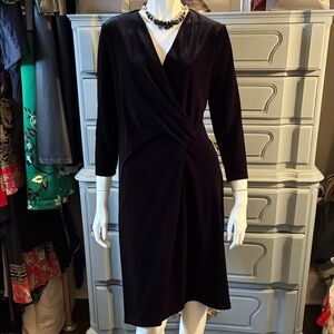 Classic Talbots Black stretch velvet Faux-Wrap Dress S